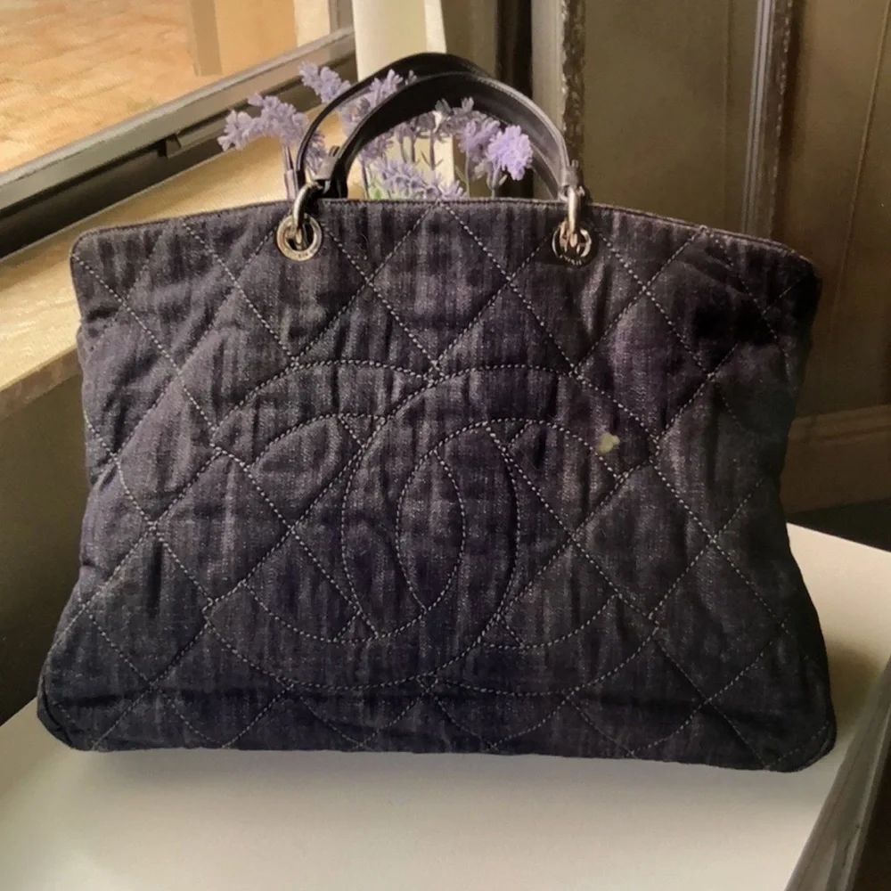 - Chanel black quilted denim timeless cc tote bag